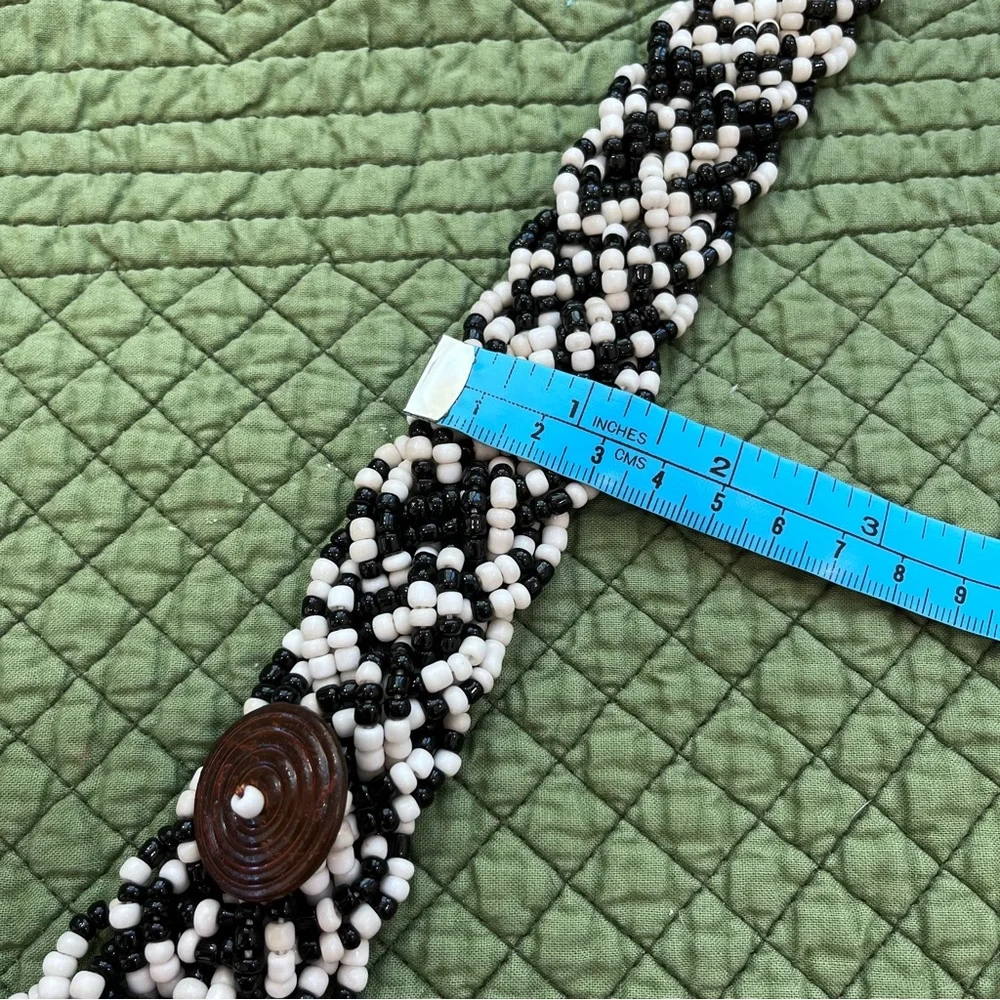 Boho Hand Beaded / Braided Belt, Enameled Button Closures(s), Colorful Fringe